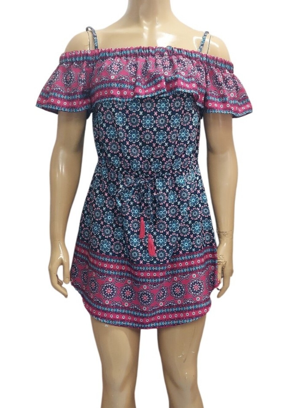 BLUSH Boho Off-Shoulder Floral Print Mini in Navy and Pink Tie Waist Dress